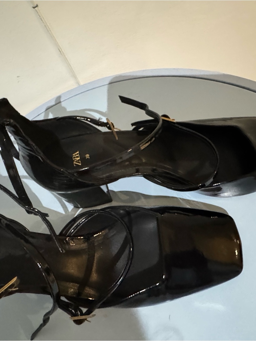 Zara Black Patent Square-Toe Block Heel Sandals